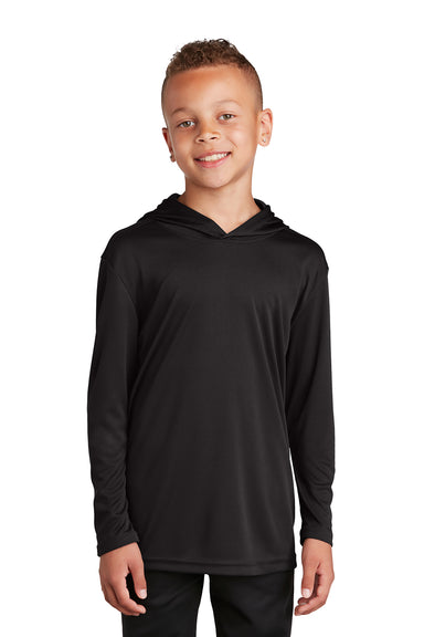 Sport-Tek YST358 Youth Competitor Moisture Wicking Long Sleeve Hooded T-Shirt Hoodie Black Model Front