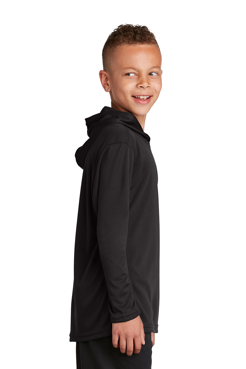 Sport-Tek YST358 Youth Competitor Moisture Wicking Long Sleeve Hooded T-Shirt Hoodie Black Model Side