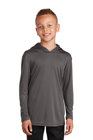 Sport-Tek YST358 Youth Competitor Moisture Wicking Long Sleeve Hooded T-Shirt Hoodie Iron Grey Model Front