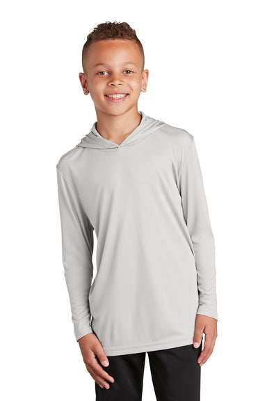 Sport-Tek YST358 Youth Competitor Moisture Wicking Long Sleeve Hooded T-Shirt Hoodie Silver Grey Model Front