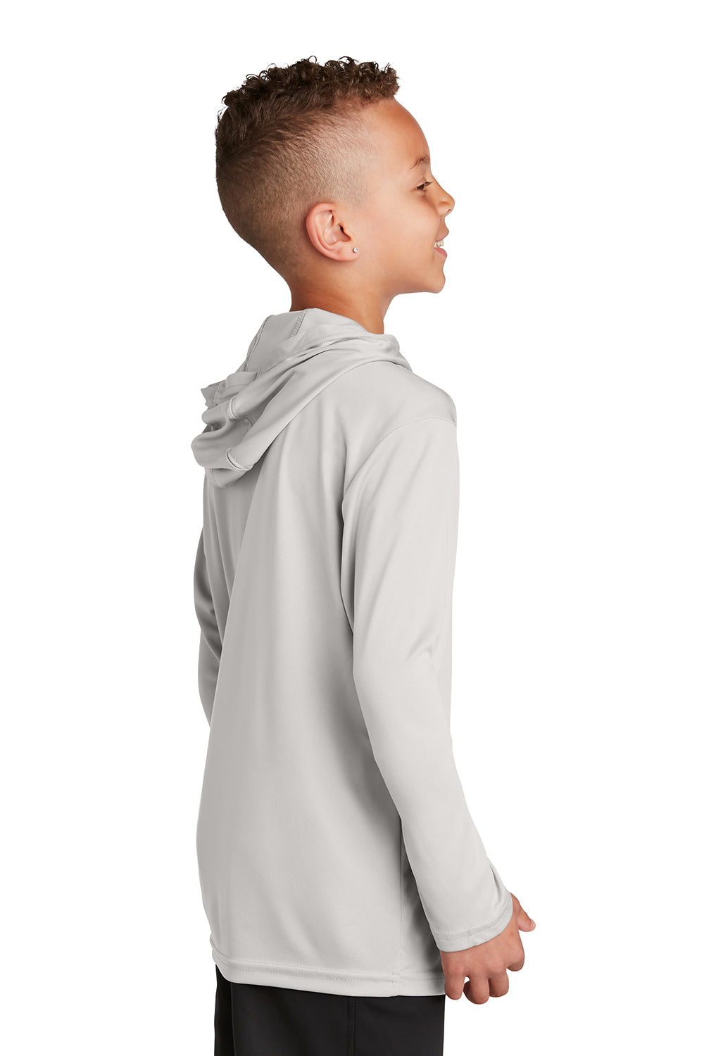 Sport-Tek YST358 Youth Competitor Moisture Wicking Long Sleeve Hooded T-Shirt Hoodie Silver Grey Model Side