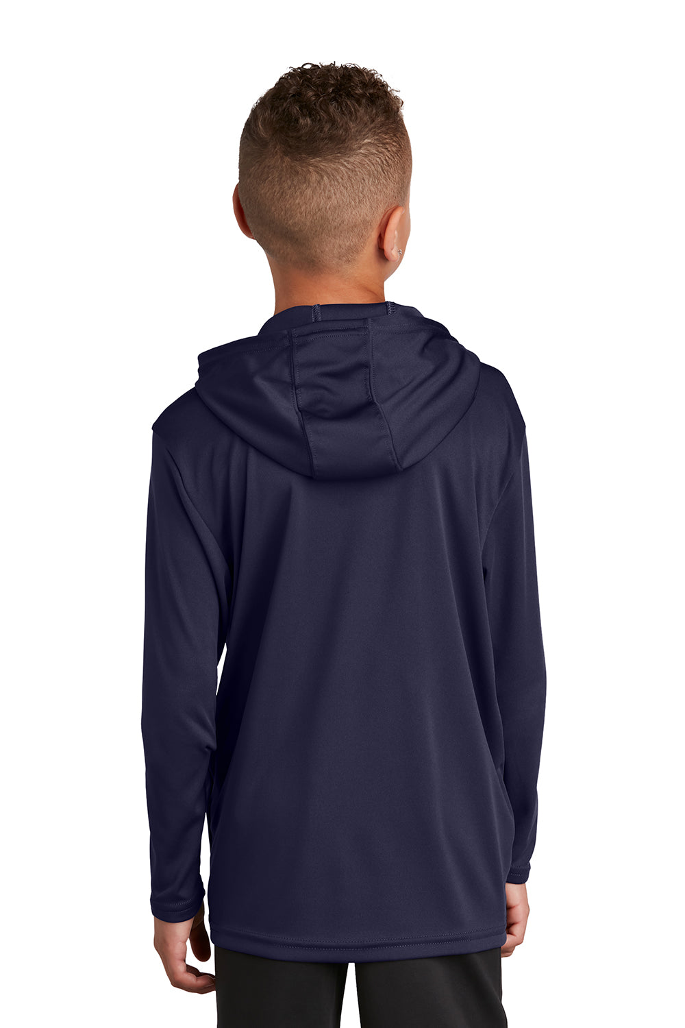 Sport-Tek YST358 Youth Competitor Moisture Wicking Long Sleeve Hooded T-Shirt Hoodie True Navy Blue Model Back