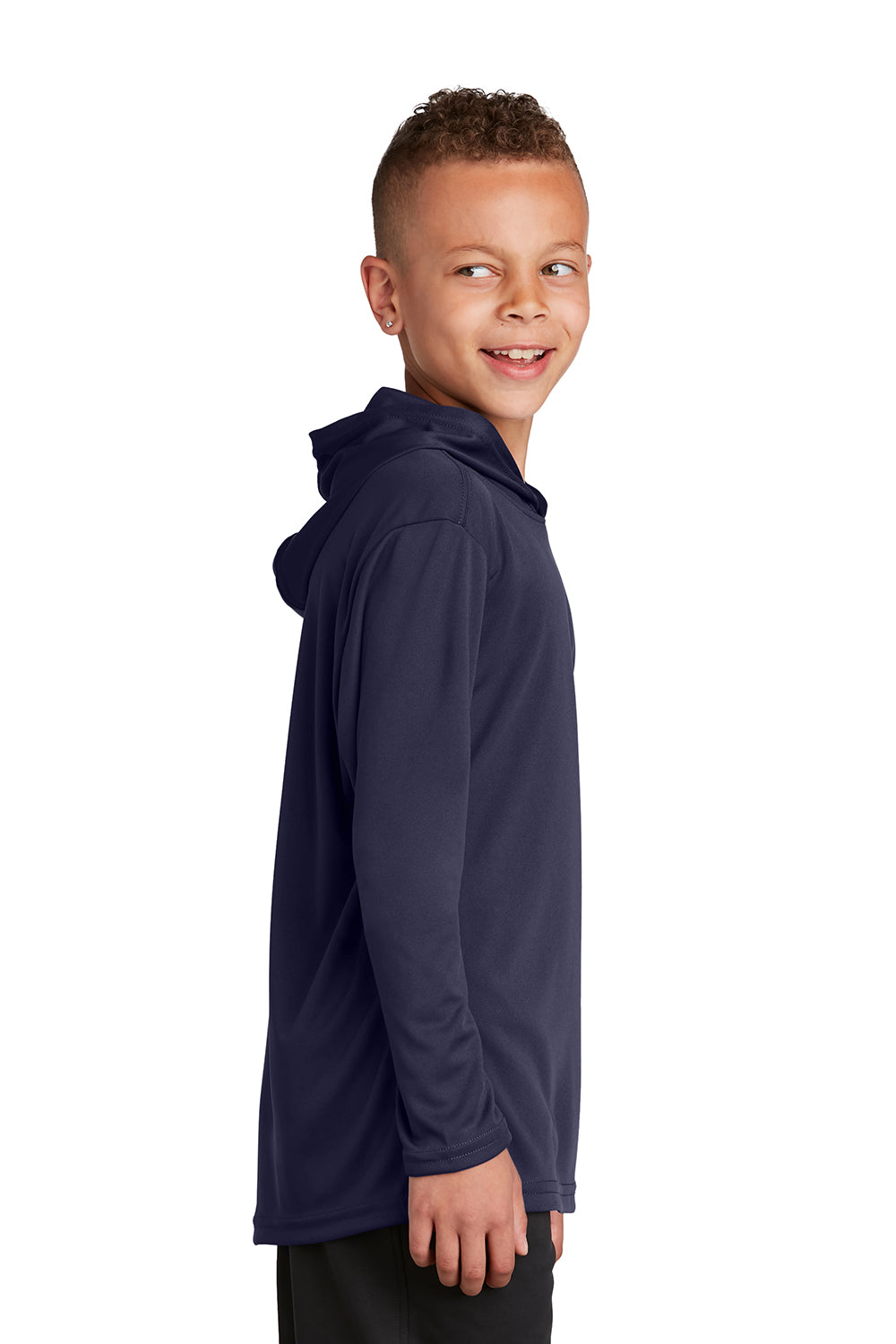 Sport-Tek YST358 Youth Competitor Moisture Wicking Long Sleeve Hooded T-Shirt Hoodie True Navy Blue Model Side