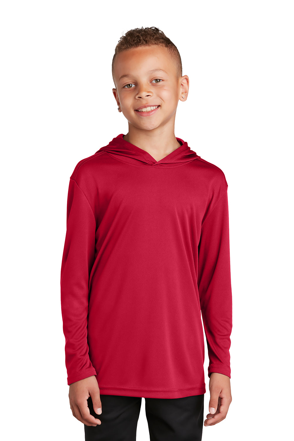 Sport-Tek YST358 Youth Competitor Moisture Wicking Long Sleeve Hooded T-Shirt Hoodie True Red Model Front