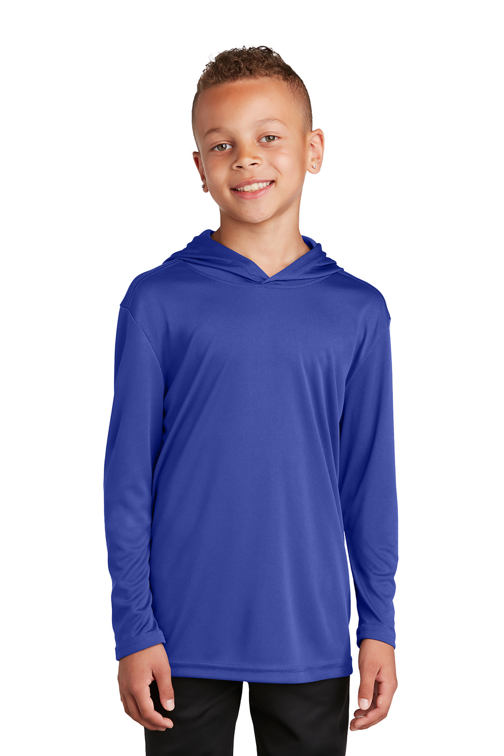 Sport-Tek YST358 Youth Competitor Moisture Wicking Long Sleeve Hooded T-Shirt Hoodie True Royal Blue Model Front