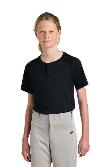 Sport-Tek YST359 Youth PosiCharge Competitor 2-Button Short Sleeve Henley Black Model Front