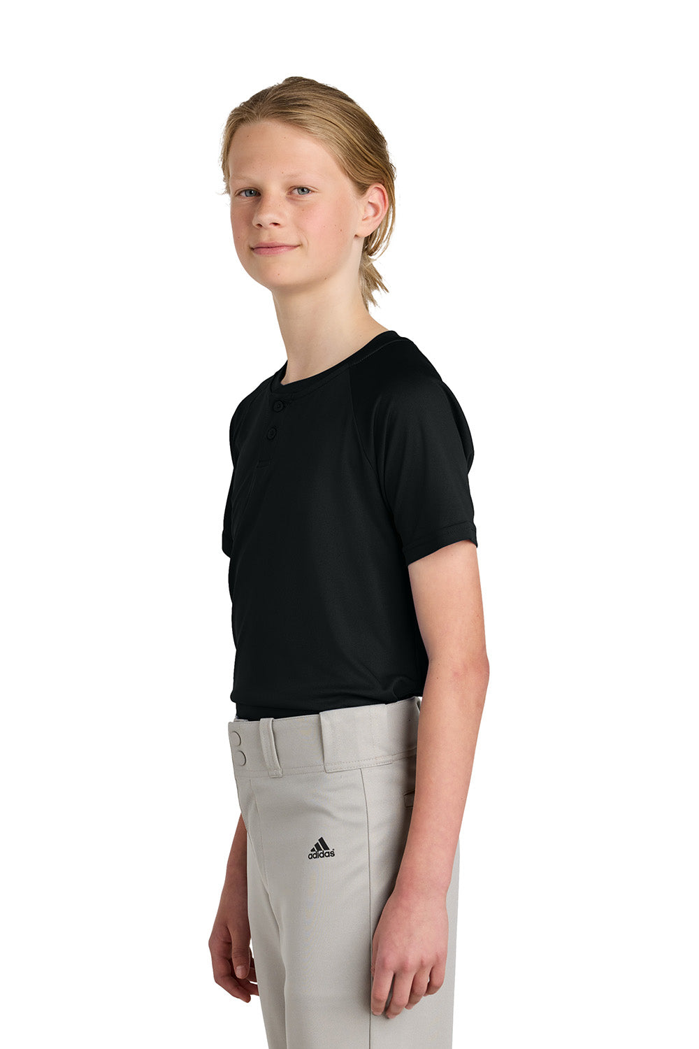 Sport-Tek YST359 Youth PosiCharge Competitor 2-Button Short Sleeve Henley Black Model Side