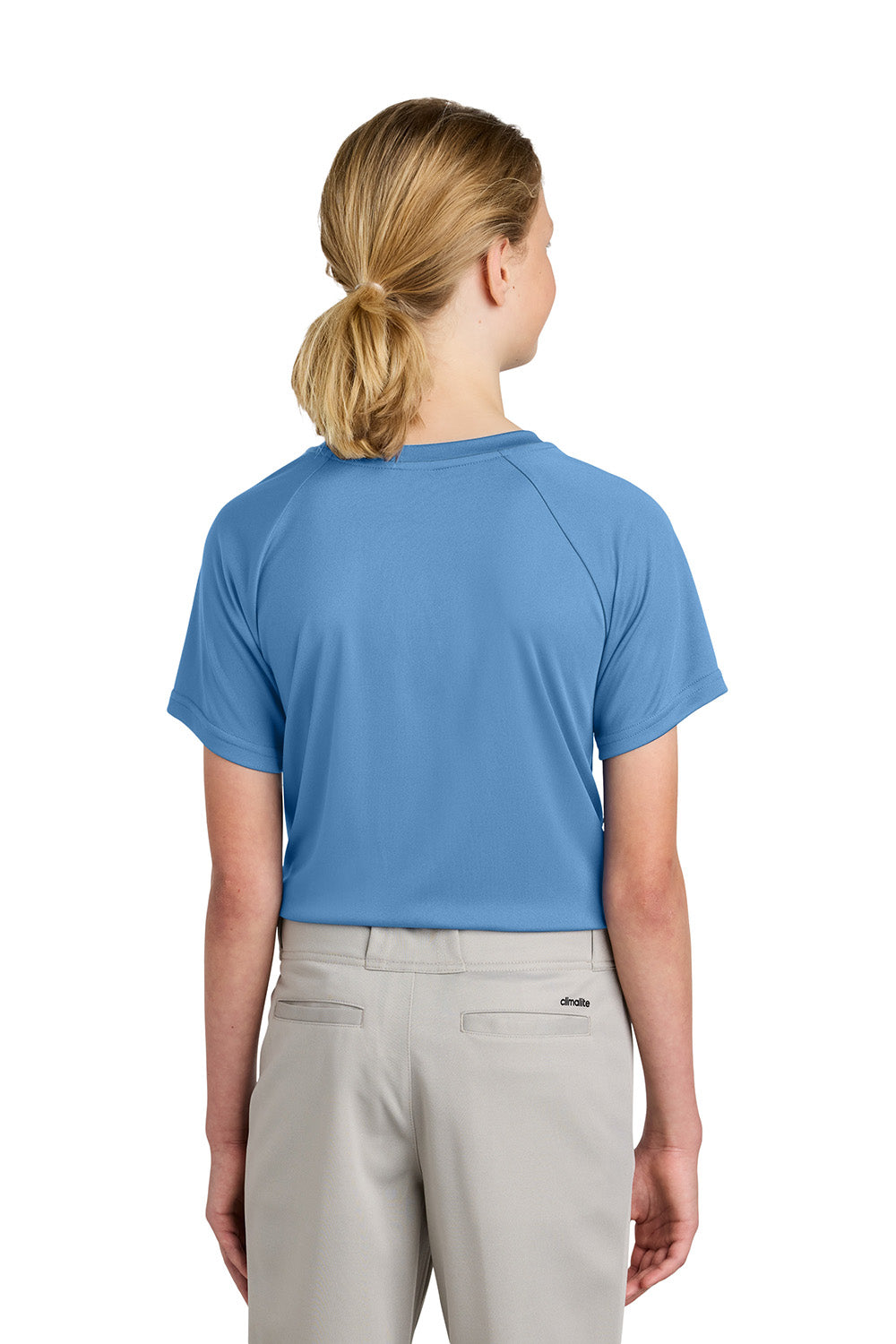 Sport-Tek YST359 Youth PosiCharge Competitor 2-Button Short Sleeve Henley Carolina Blue Model Back