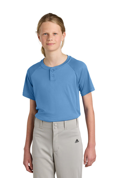 Sport-Tek YST359 Youth PosiCharge Competitor 2-Button Short Sleeve Henley Carolina Blue Model Front