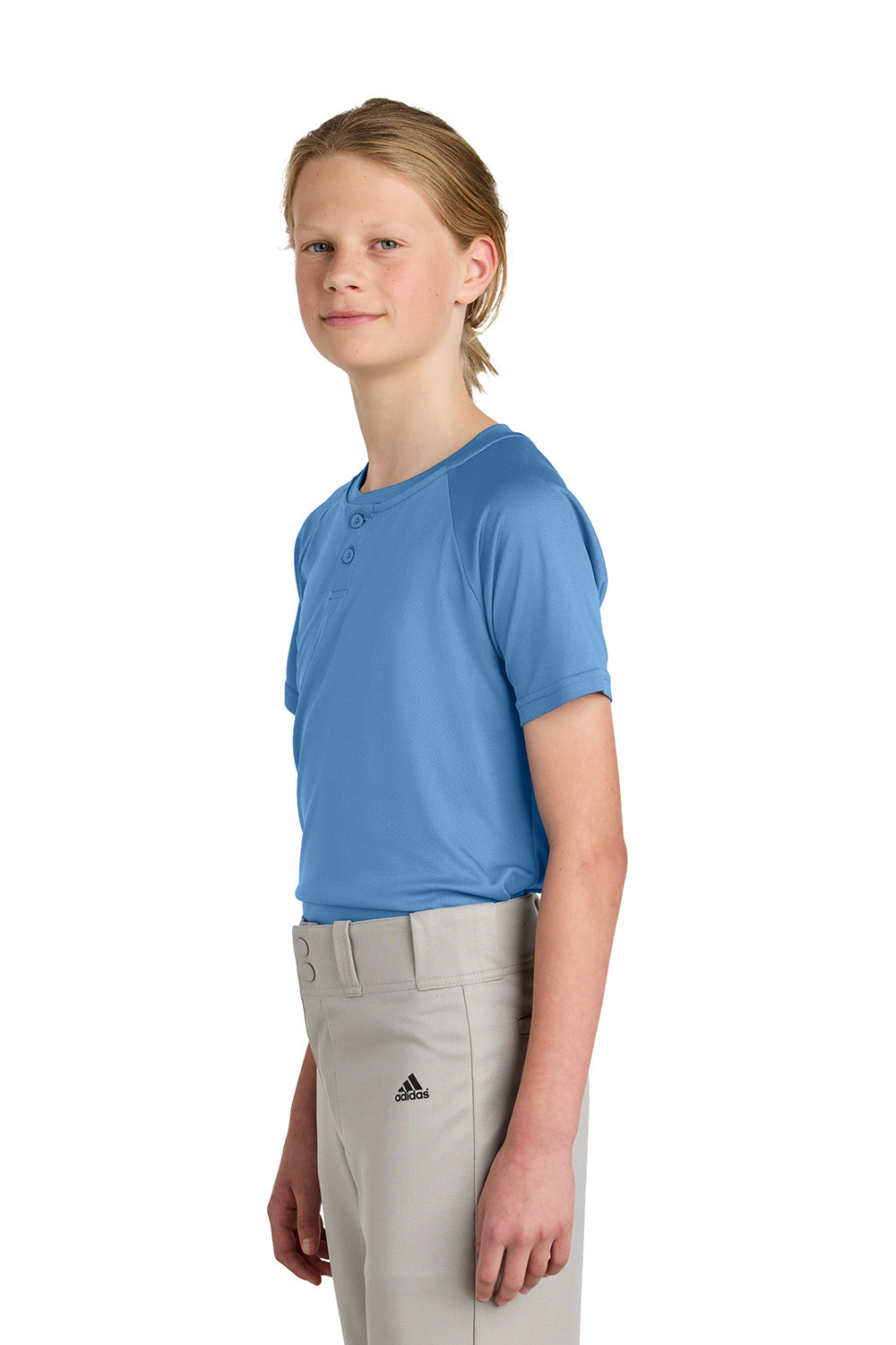 Sport-Tek YST359 Youth PosiCharge Competitor 2-Button Short Sleeve Henley Carolina Blue Model Side