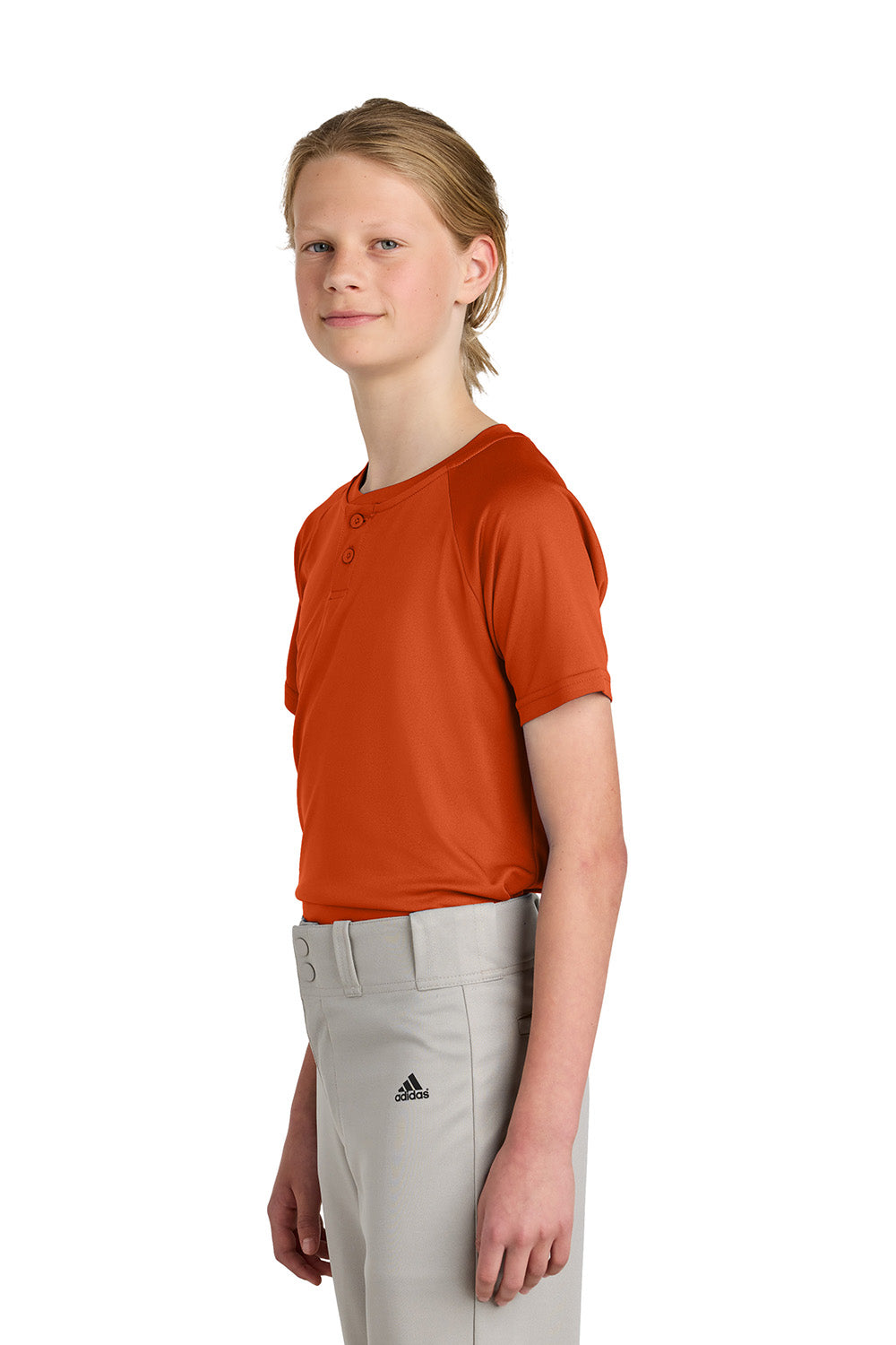 Sport-Tek YST359 Youth PosiCharge Competitor 2-Button Short Sleeve Henley Deep Orange Model Side