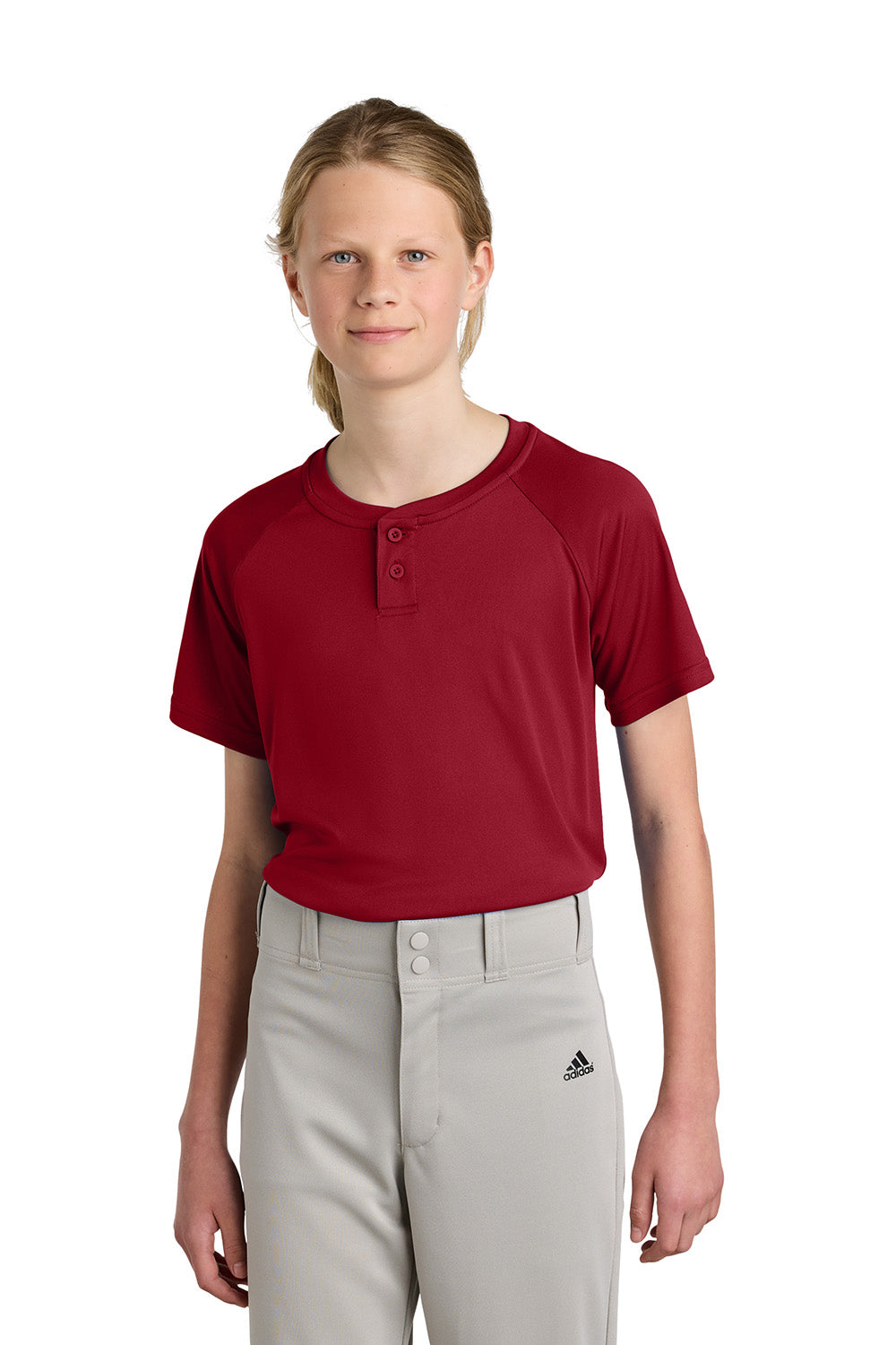 Sport-Tek YST359 Youth PosiCharge Competitor 2-Button Short Sleeve Henley Deep Red Model Front