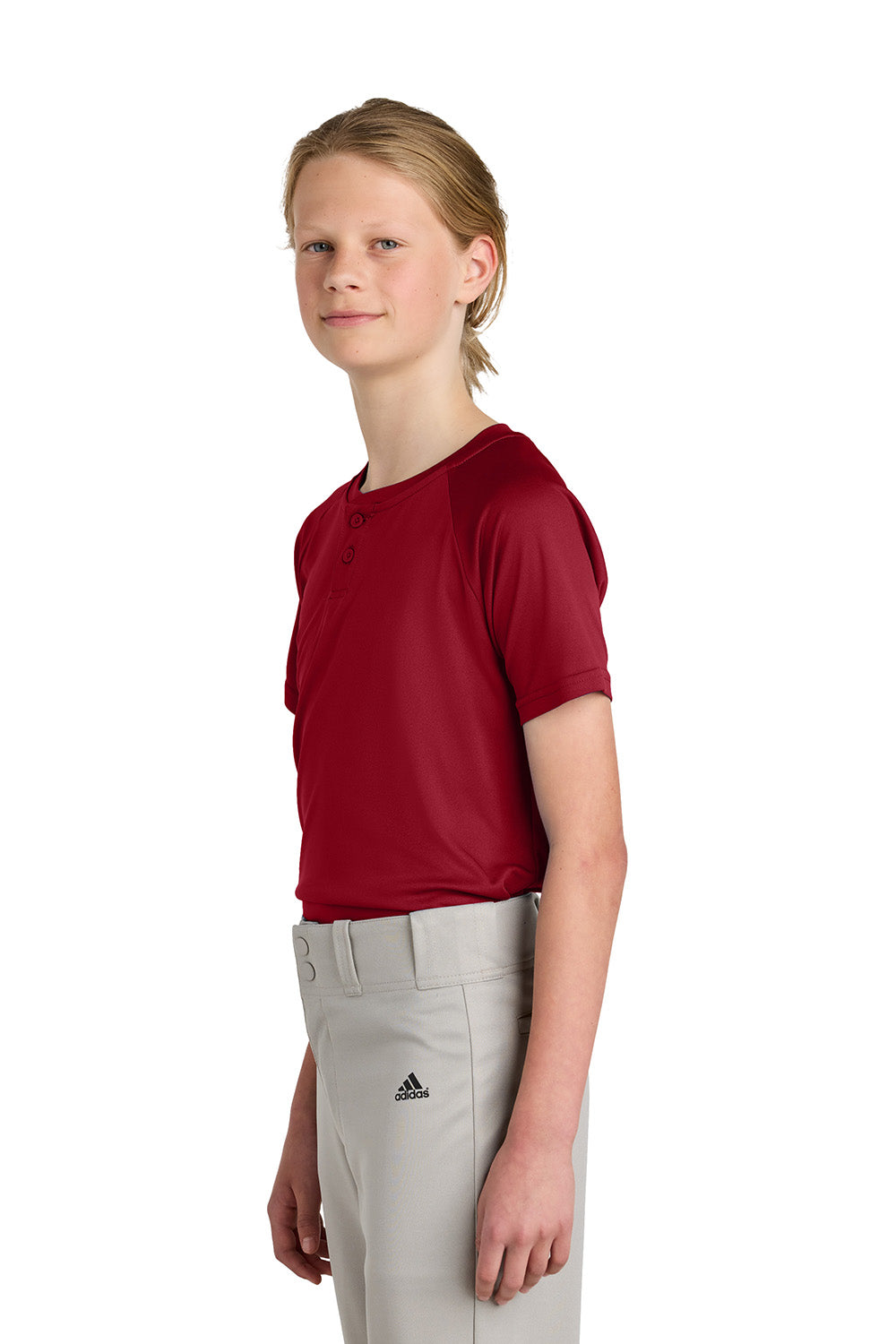 Sport-Tek YST359 Youth PosiCharge Competitor 2-Button Short Sleeve Henley Deep Red Model Side