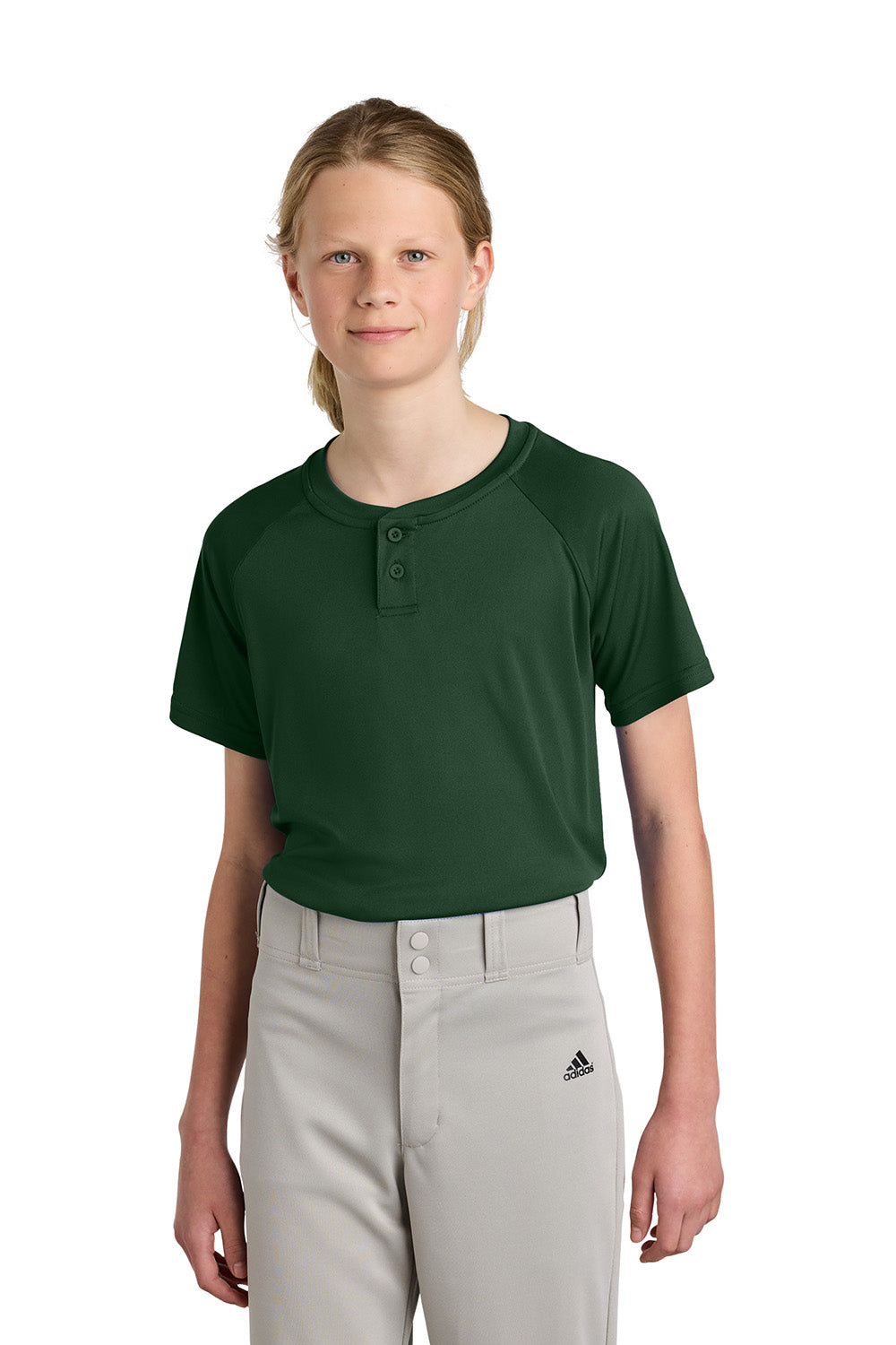 Sport-Tek YST359 Youth PosiCharge Competitor 2-Button Short Sleeve Henley Forest Green Model Front