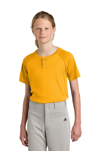 Sport-Tek YST359 Youth PosiCharge Competitor 2-Button Short Sleeve Henley Gold Model Front