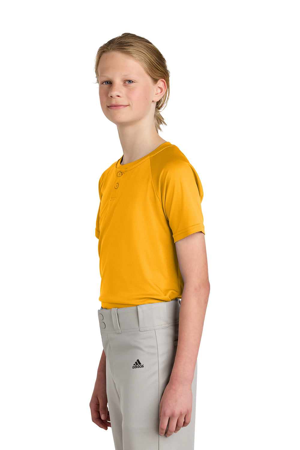 Sport-Tek YST359 Youth PosiCharge Competitor 2-Button Short Sleeve Henley Gold Model Side