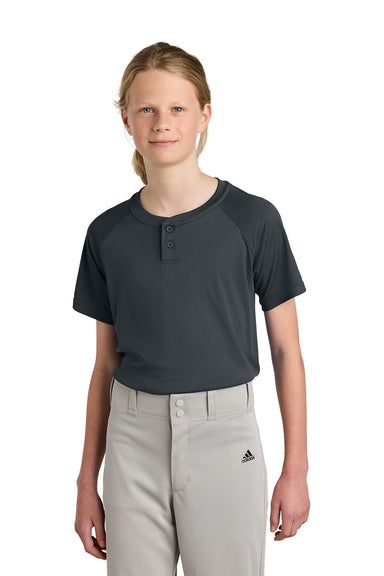 Sport-Tek YST359 Youth PosiCharge Competitor 2-Button Short Sleeve Henley Iron Grey Model Front