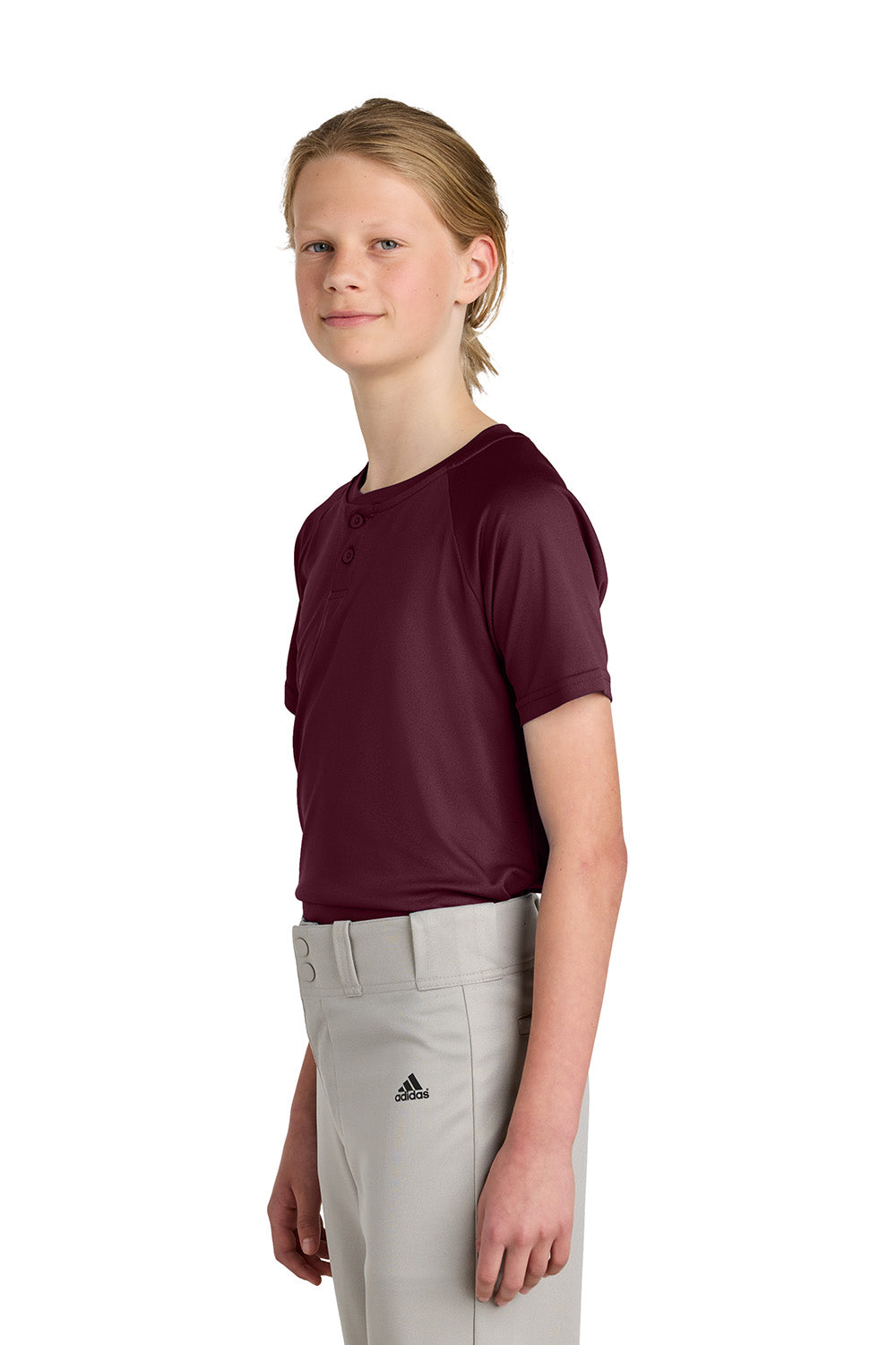 Sport-Tek YST359 Youth PosiCharge Competitor 2-Button Short Sleeve Henley Maroon Model Side