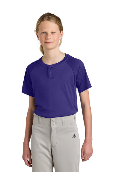 Sport-Tek YST359 Youth PosiCharge Competitor 2-Button Short Sleeve Henley Purple Model Front