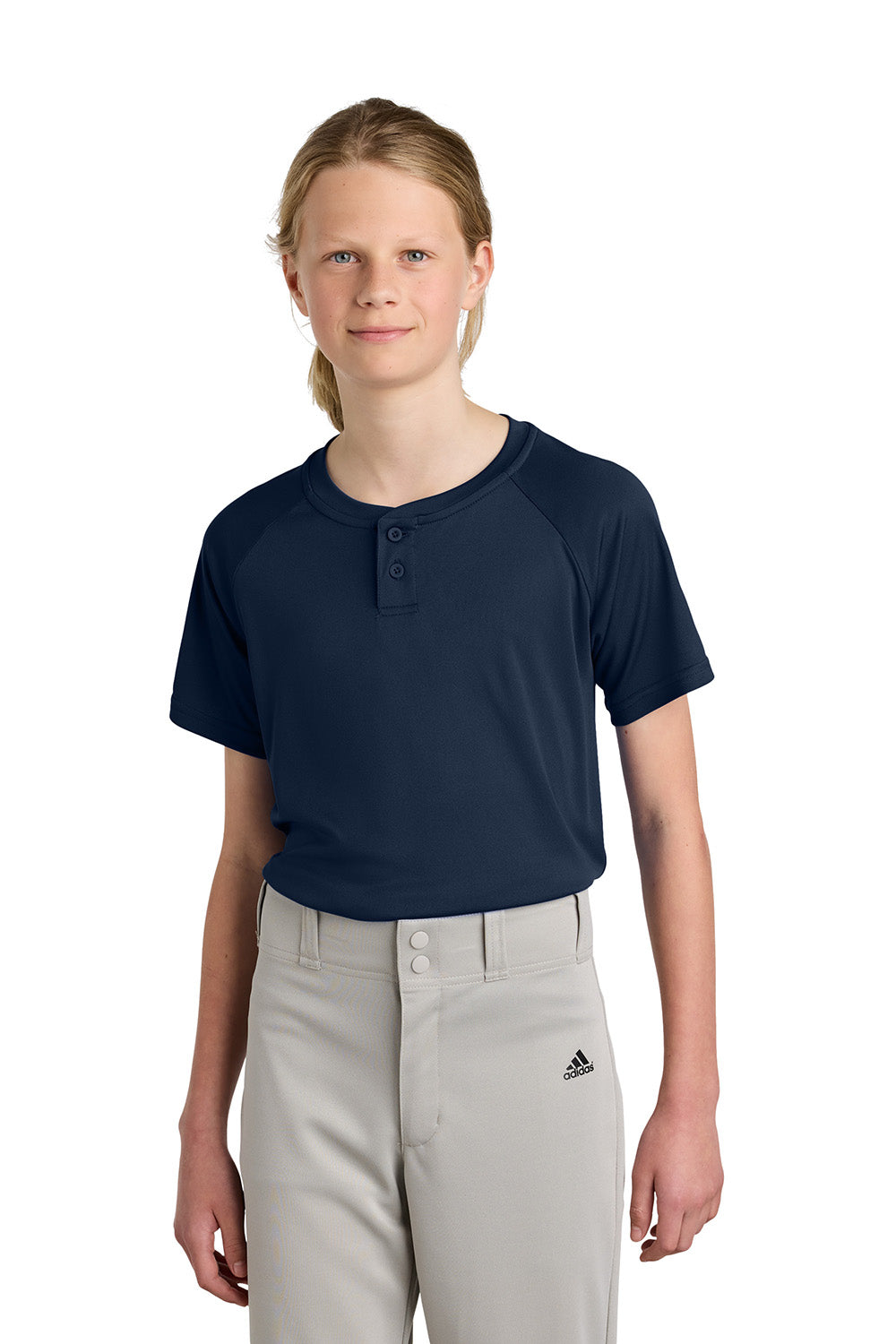 Sport-Tek YST359 Youth PosiCharge Competitor 2-Button Short Sleeve Henley True Navy Blue Model Front