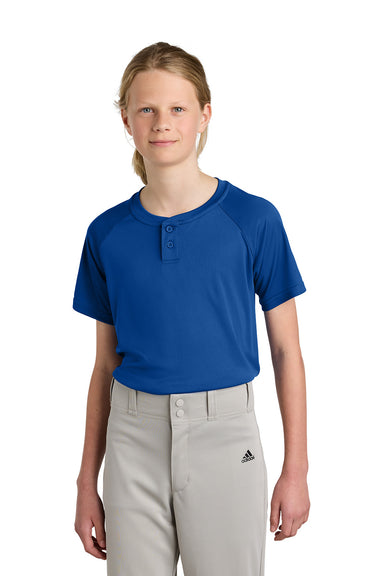 Sport-Tek YST359 Youth PosiCharge Competitor 2-Button Short Sleeve Henley True Royal Blue Model Front