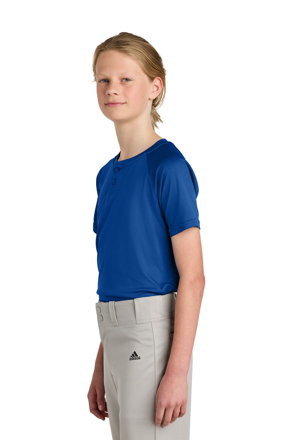 Sport-Tek YST359 Youth PosiCharge Competitor 2-Button Short Sleeve Henley True Royal Blue Model Side