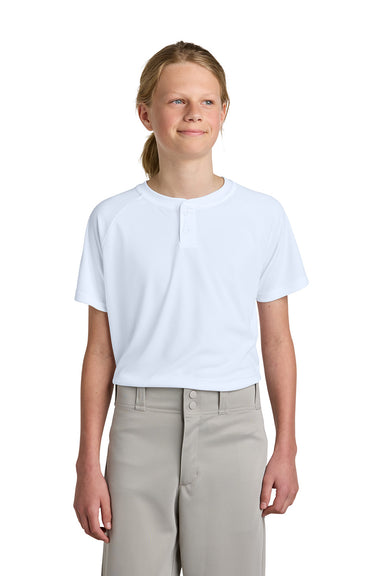 Sport-Tek YST359 Youth PosiCharge Competitor 2-Button Short Sleeve Henley White Model Front