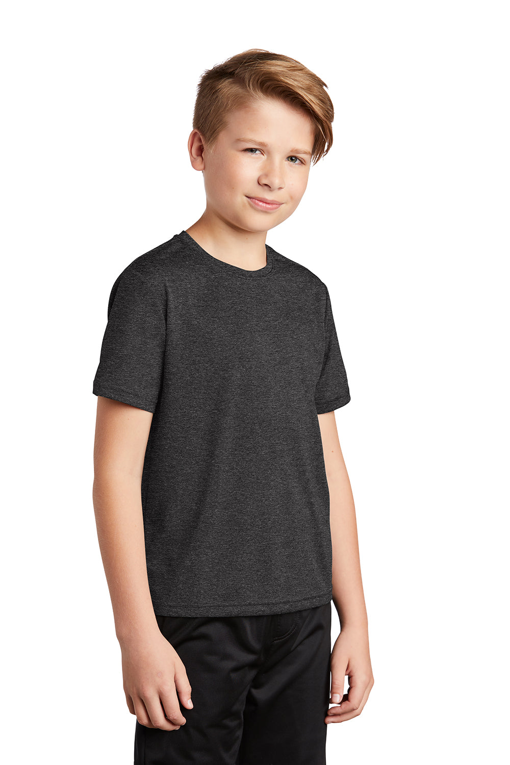 Sport-Tek YST360 Youth Contender Heather Moisture Wicking Short Sleeve Crewneck T-Shirt Heather Graphite Grey Model 3q