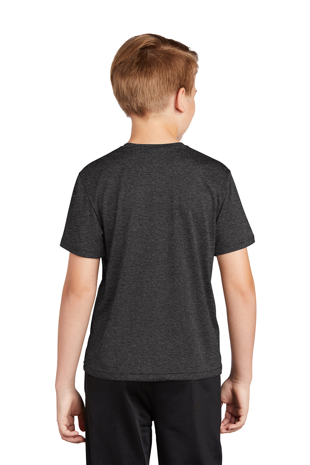 Sport-Tek YST360 Youth Contender Heather Moisture Wicking Short Sleeve Crewneck T-Shirt Heather Graphite Grey Model Back