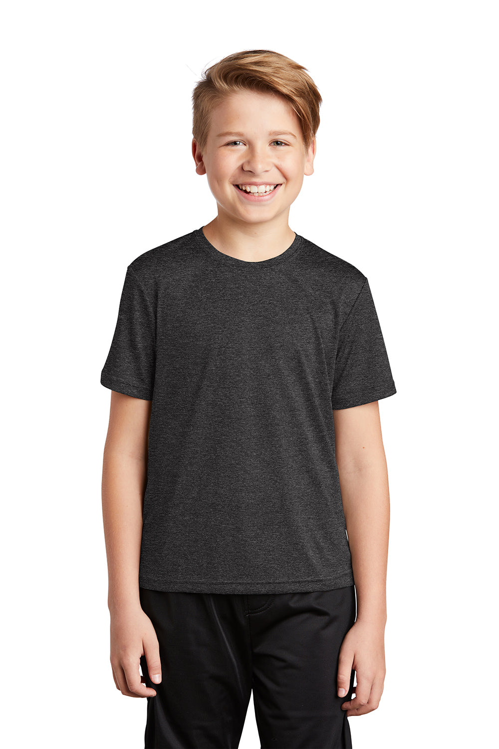 Sport-Tek YST360 Youth Contender Heather Moisture Wicking Short Sleeve Crewneck T-Shirt Heather Graphite Grey Model Front