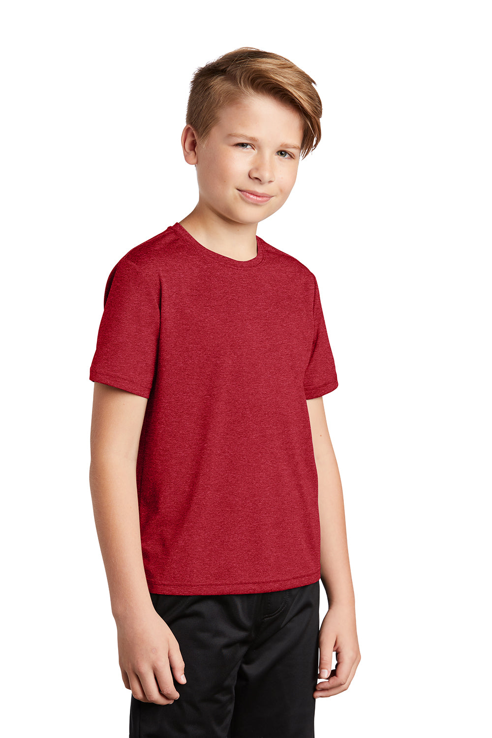 Sport-Tek YST360 Youth Contender Heather Moisture Wicking Short Sleeve Crewneck T-Shirt Heather Scarlet Red Model 3q