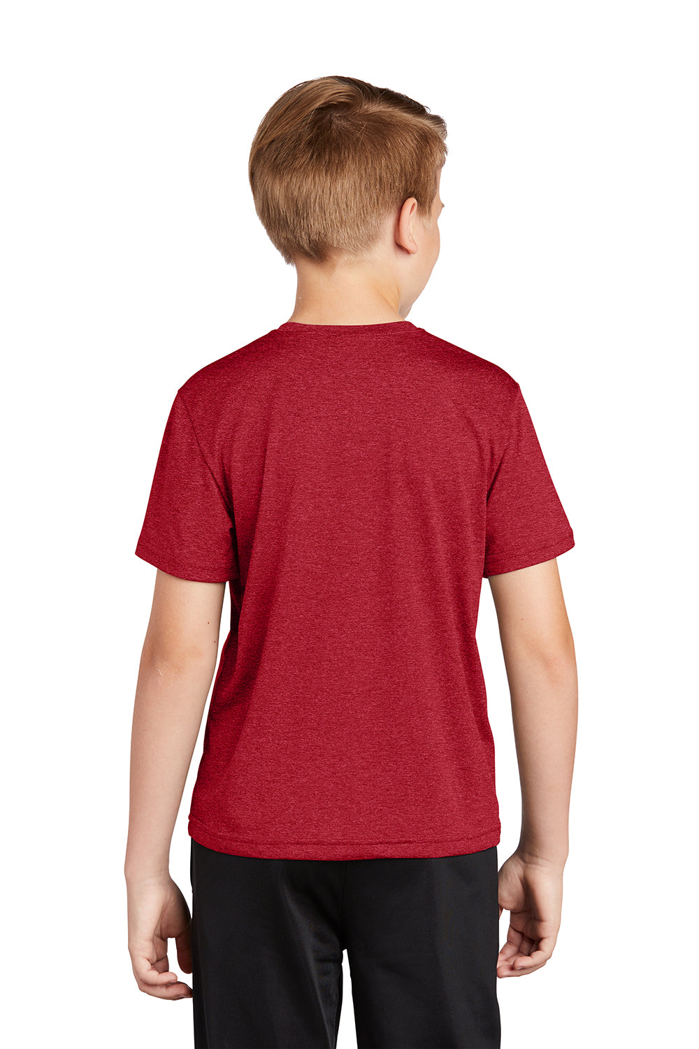 Sport-Tek YST360 Youth Contender Heather Moisture Wicking Short Sleeve Crewneck T-Shirt Heather Scarlet Red Model Back