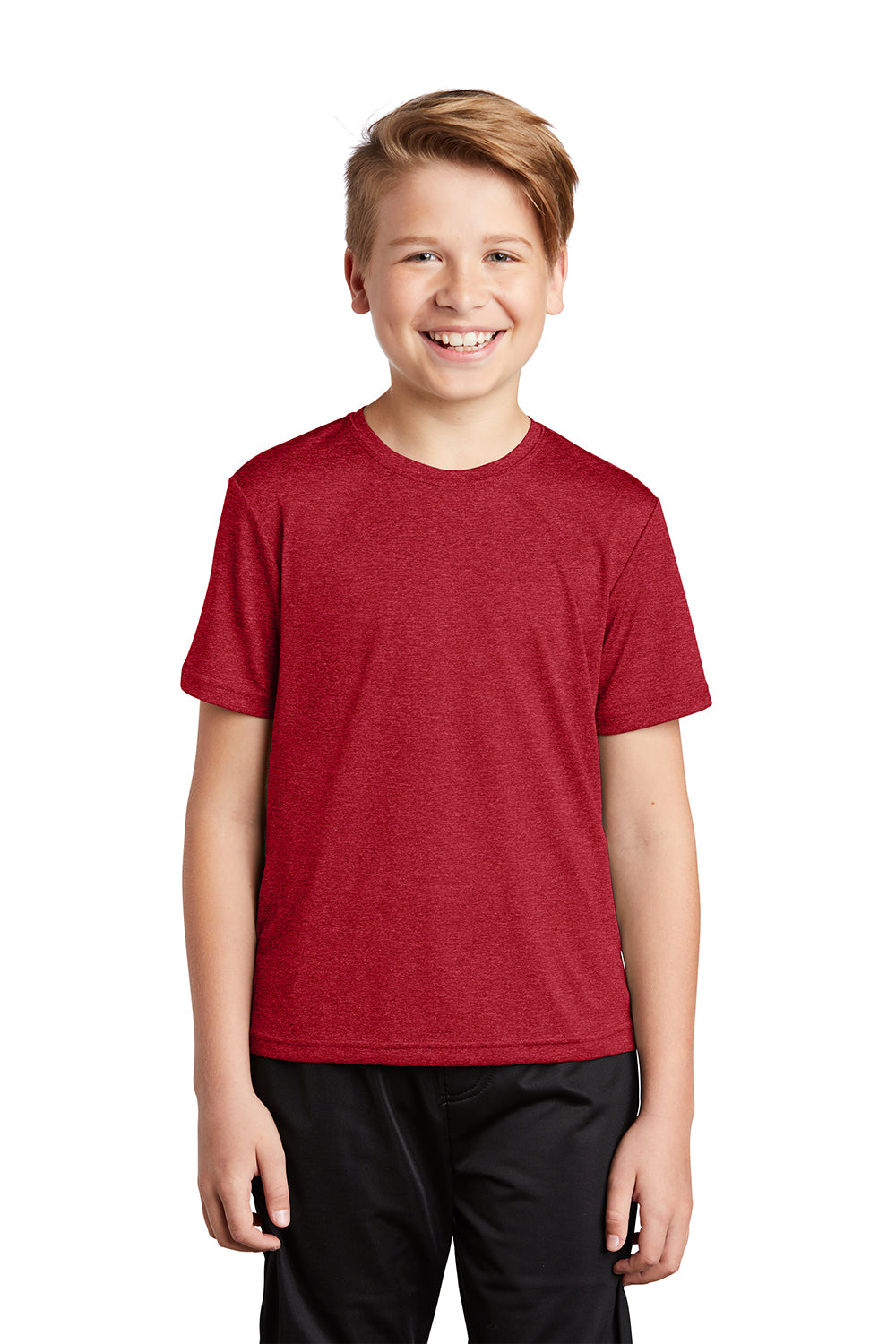 Sport-Tek YST360 Youth Contender Heather Moisture Wicking Short Sleeve Crewneck T-Shirt Heather Scarlet Red Model Front