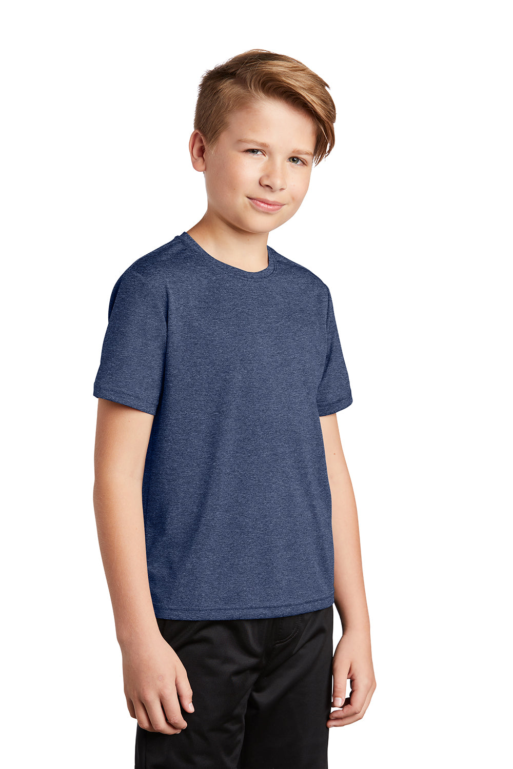 Sport-Tek YST360 Youth Contender Heather Moisture Wicking Short Sleeve Crewneck T-Shirt Heather True Navy Blue Model 3q