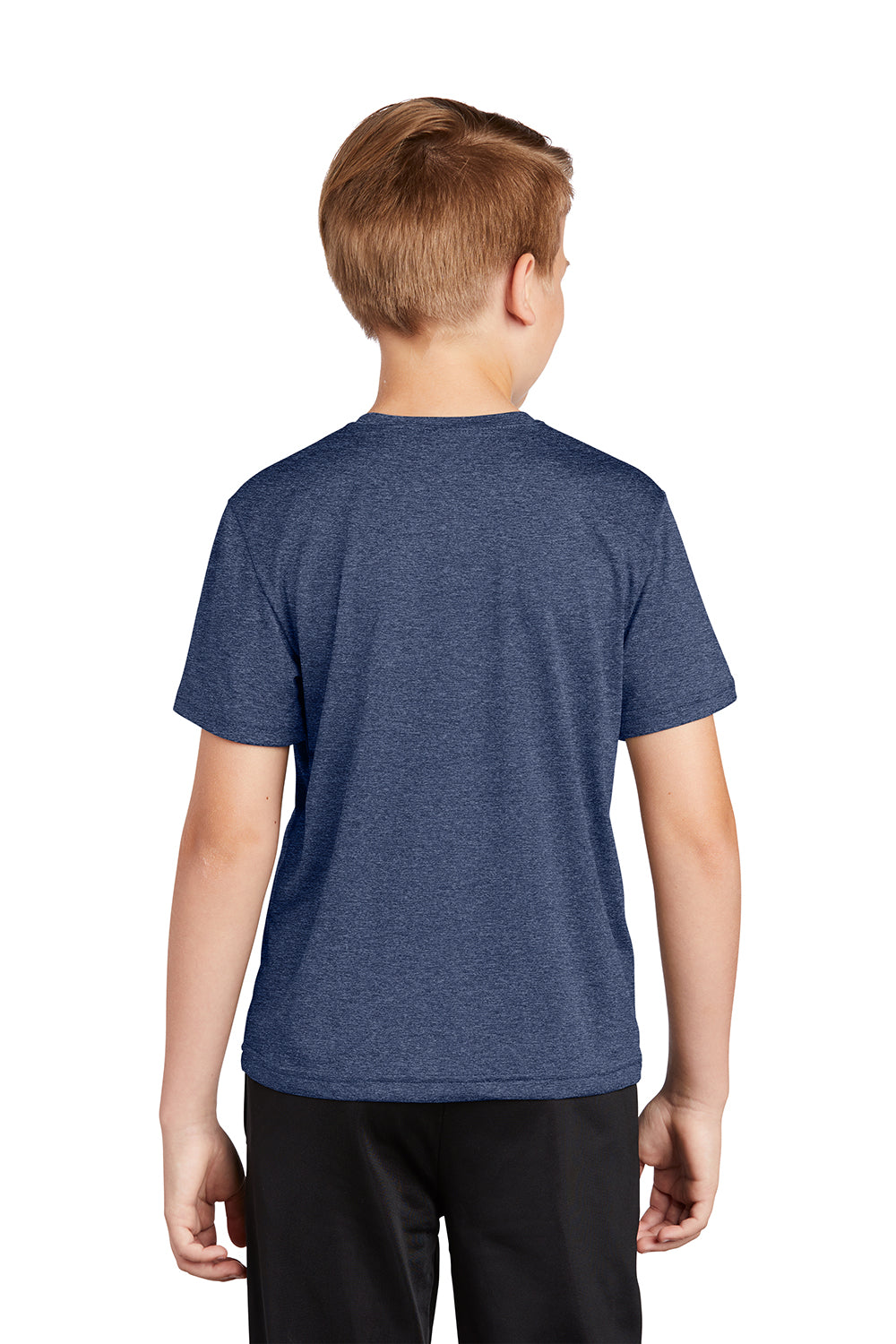 Sport-Tek YST360 Youth Contender Heather Moisture Wicking Short Sleeve Crewneck T-Shirt Heather True Navy Blue Model Back