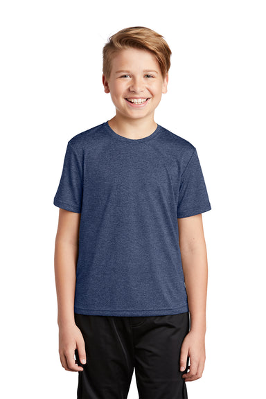 Sport-Tek YST360 Youth Contender Heather Moisture Wicking Short Sleeve Crewneck T-Shirt Heather True Navy Blue Model Front