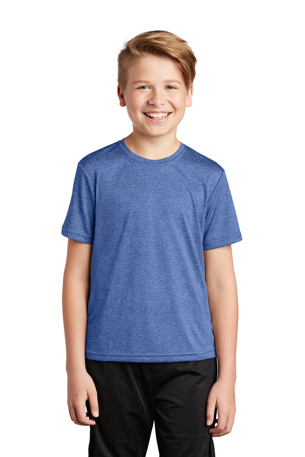 Sport-Tek YST360 Youth Contender Heather Moisture Wicking Short Sleeve Crewneck T-Shirt Heather True Royal Blue Model Front