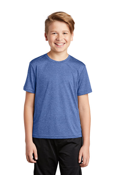 Sport-Tek YST360 Youth Contender Heather Moisture Wicking Short Sleeve Crewneck T-Shirt Heather True Royal Blue Model Front