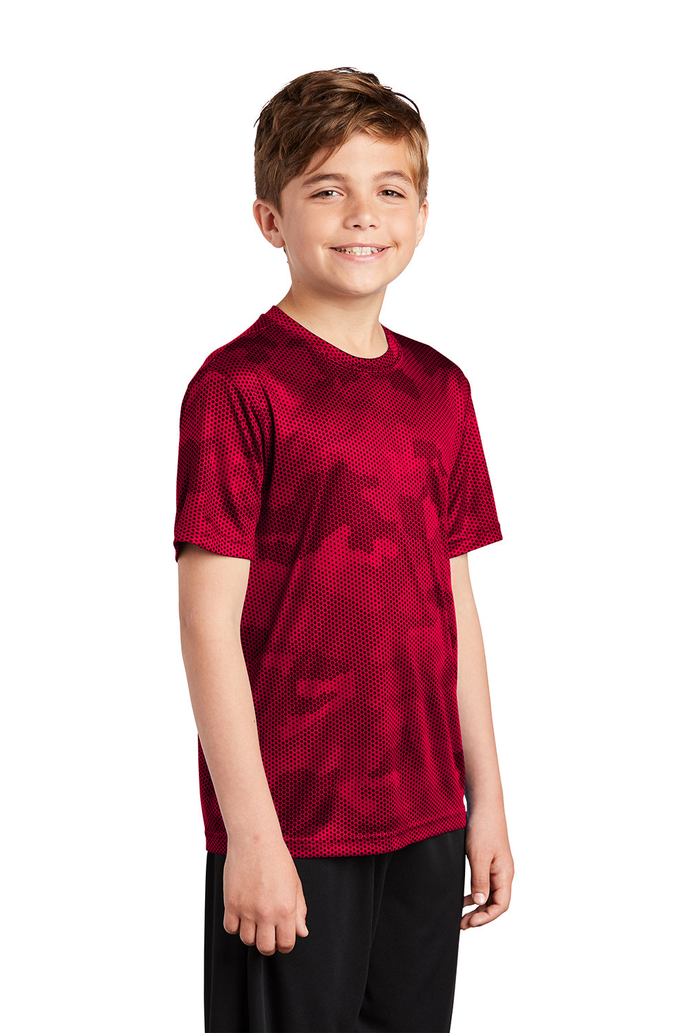 Sport-Tek YST370 Youth CamoHex Moisture Wicking Short Sleeve Crewneck T-Shirt Deep Red Model 3q