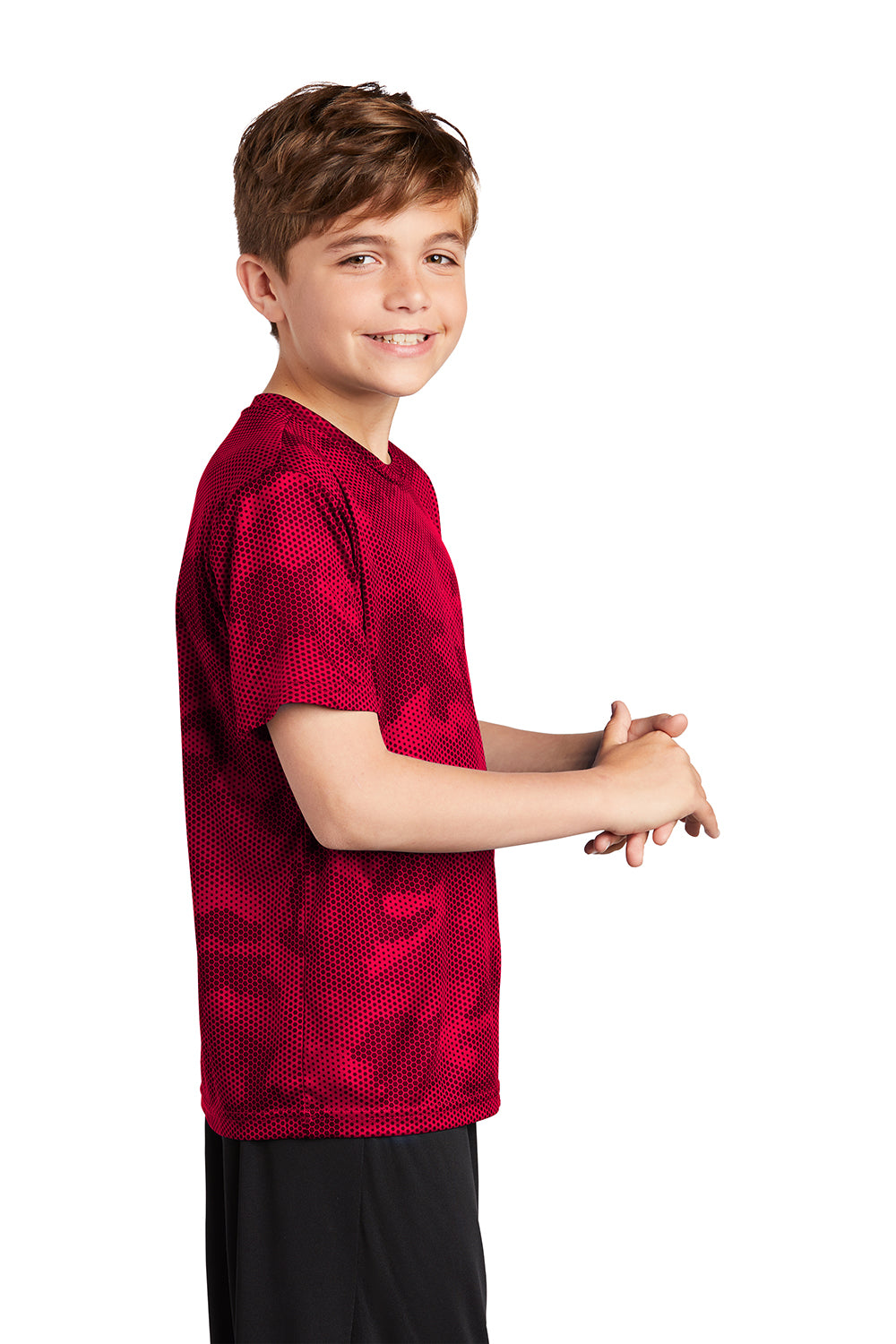 Sport-Tek YST370 Youth CamoHex Moisture Wicking Short Sleeve Crewneck T-Shirt Deep Red Model Side