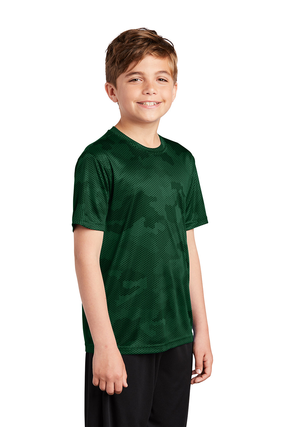 Sport-Tek YST370 Youth CamoHex Moisture Wicking Short Sleeve Crewneck T-Shirt Forest Green Model 3q