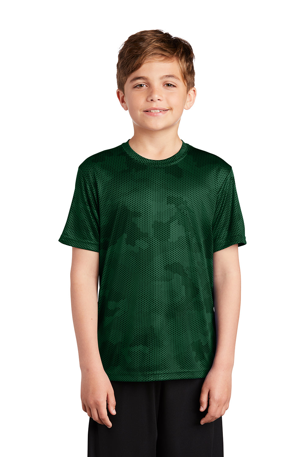 Sport-Tek YST370 Youth CamoHex Moisture Wicking Short Sleeve Crewneck T-Shirt Forest Green Model Front