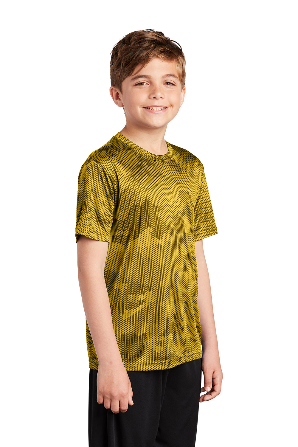 Sport-Tek YST370 Youth CamoHex Moisture Wicking Short Sleeve Crewneck T-Shirt Gold Model 3q