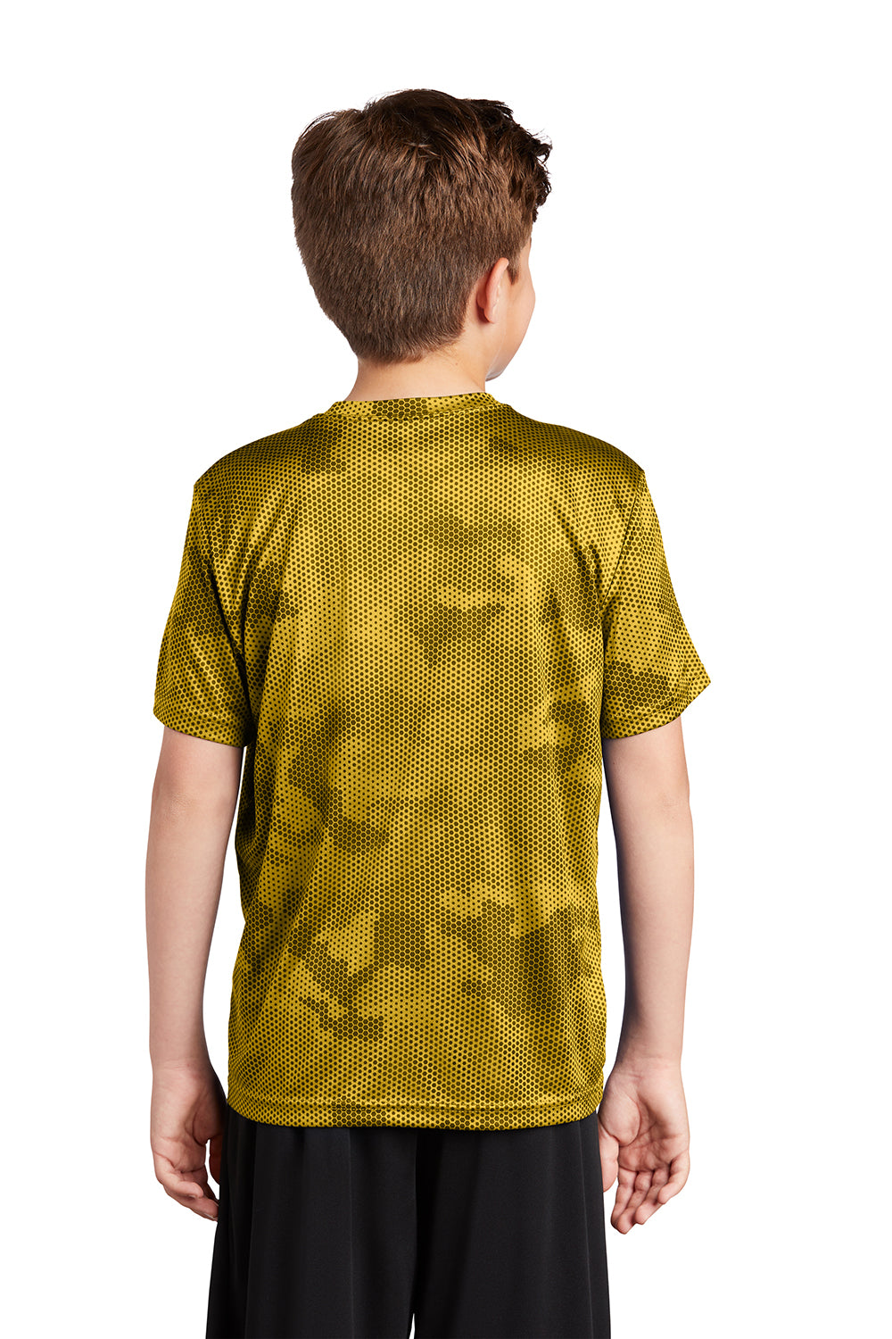 Sport-Tek YST370 Youth CamoHex Moisture Wicking Short Sleeve Crewneck T-Shirt Gold Model Back