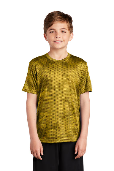 Sport-Tek YST370 Youth CamoHex Moisture Wicking Short Sleeve Crewneck T-Shirt Gold Model Front