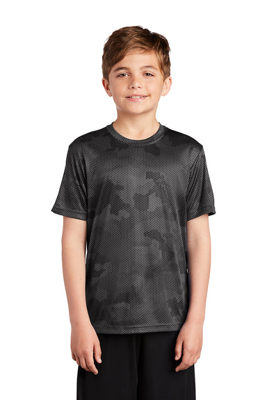 Sport-Tek YST370 Youth CamoHex Moisture Wicking Short Sleeve Crewneck T-Shirt Iron Grey Model Front