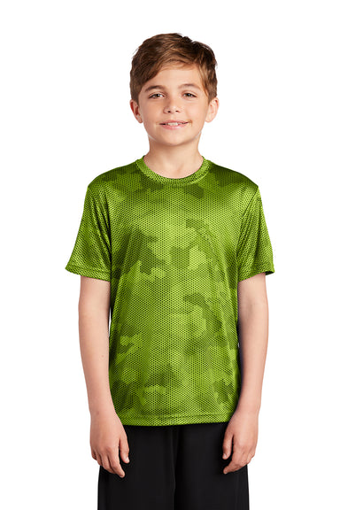 Sport-Tek YST370 Youth CamoHex Moisture Wicking Short Sleeve Crewneck T-Shirt Lime Shock Green Model Front