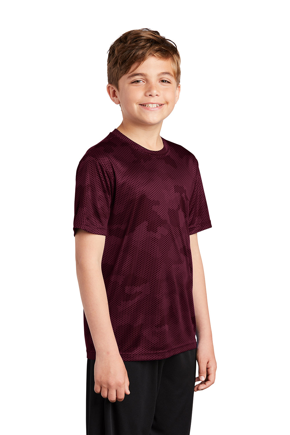 Sport-Tek YST370 Youth CamoHex Moisture Wicking Short Sleeve Crewneck T-Shirt Maroon Model 3q