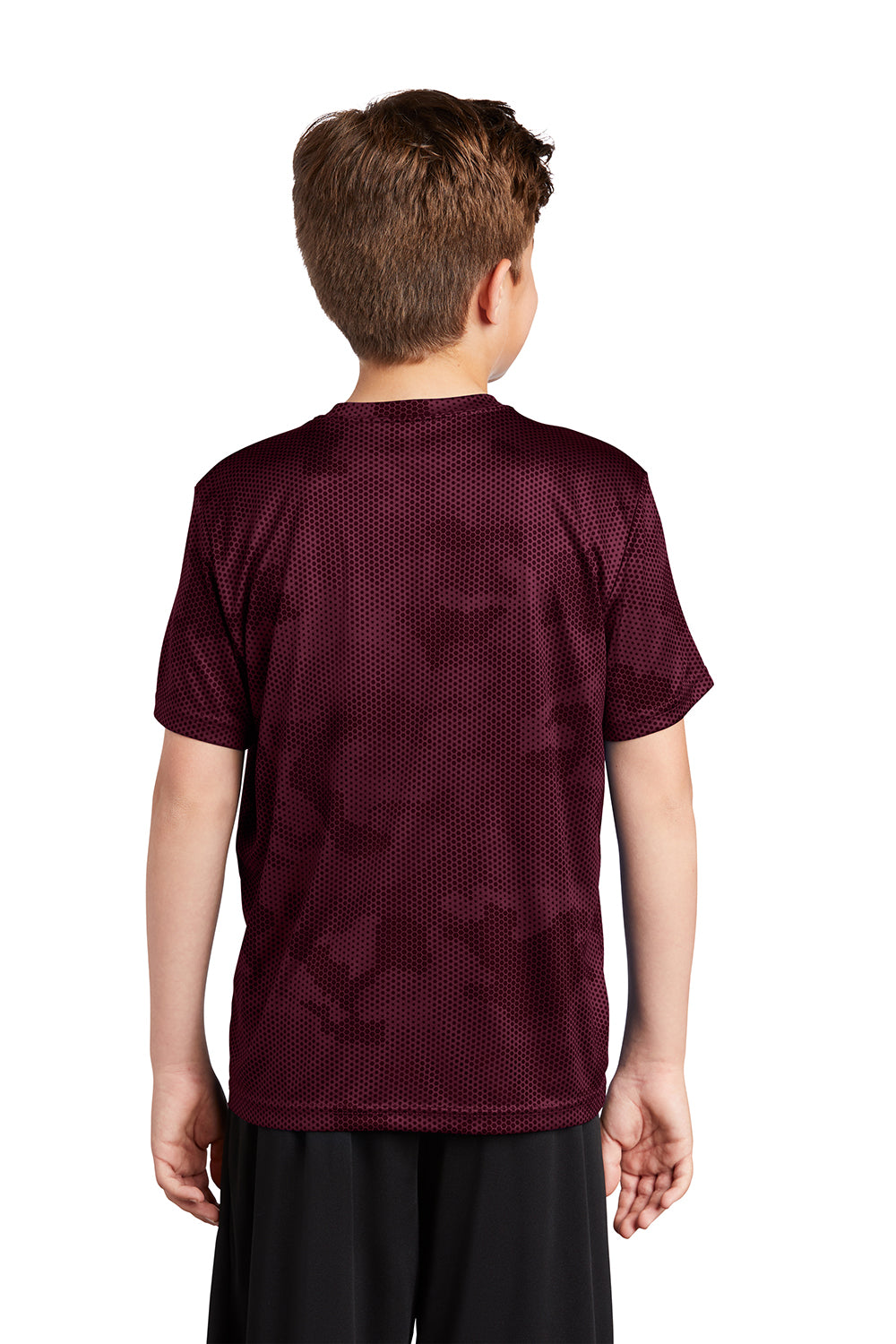 Sport-Tek YST370 Youth CamoHex Moisture Wicking Short Sleeve Crewneck T-Shirt Maroon Model Back