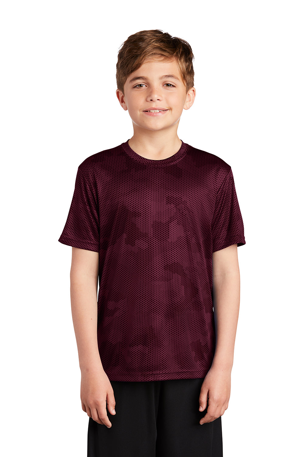 Sport-Tek YST370 Youth CamoHex Moisture Wicking Short Sleeve Crewneck T-Shirt Maroon Model Front